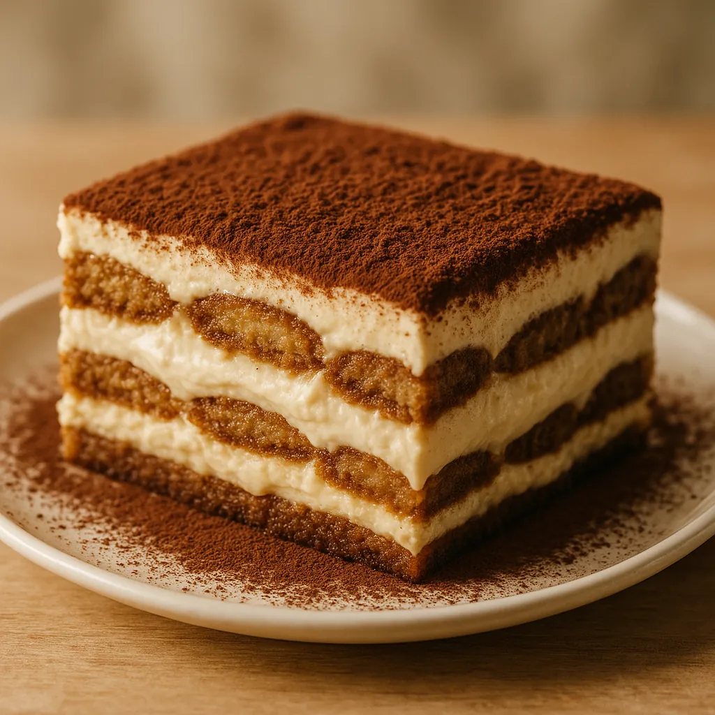 Enjoy assembling a puzzle depicting a close-up slice of creamy tiramisu on a simple plate, with distinct layers of coffee-soaked ladyfingers and velvety mascarp