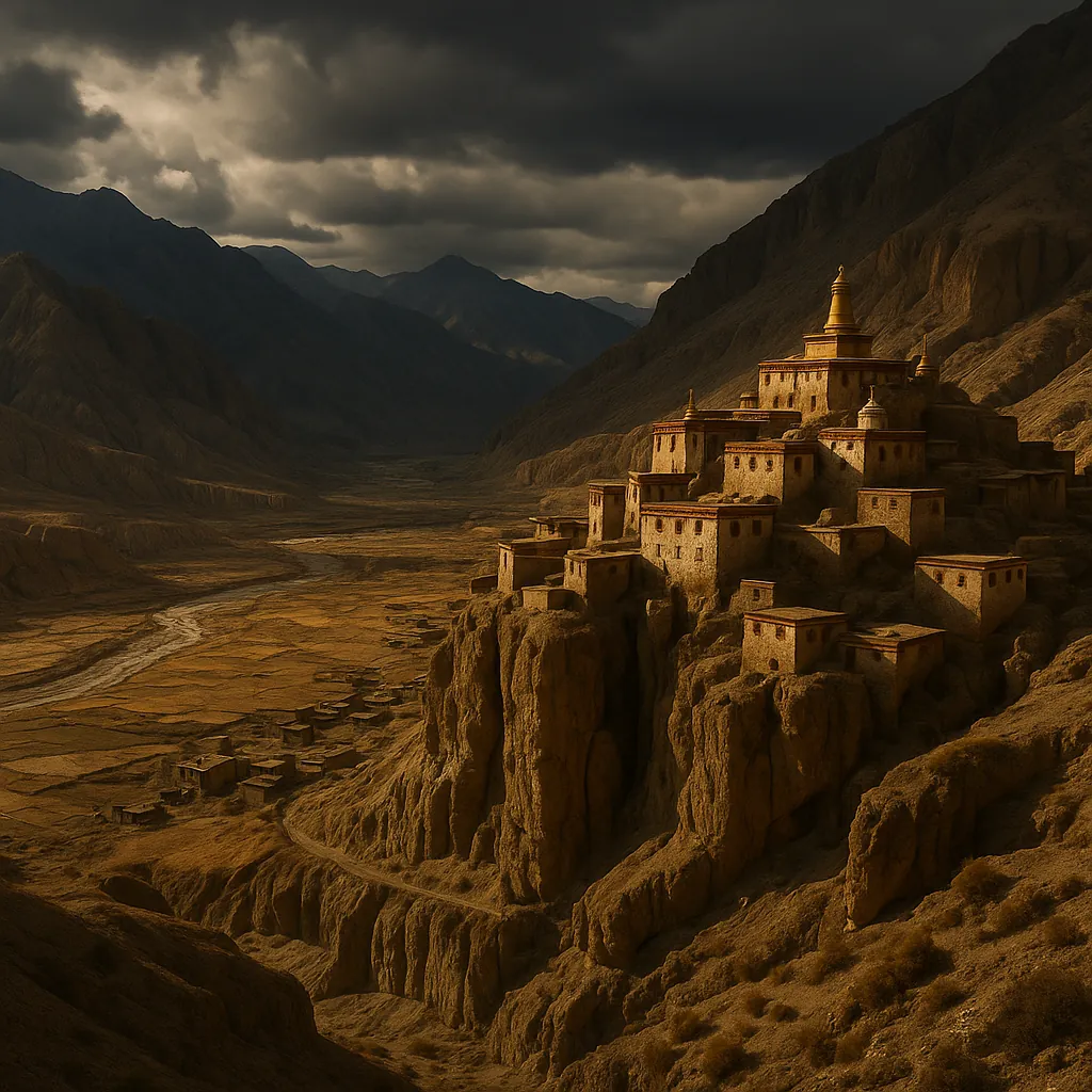 Discover a puzzle with an ancient cliffside monastery bathed in warm ochre light against a dramatic, cloud-filled sky.