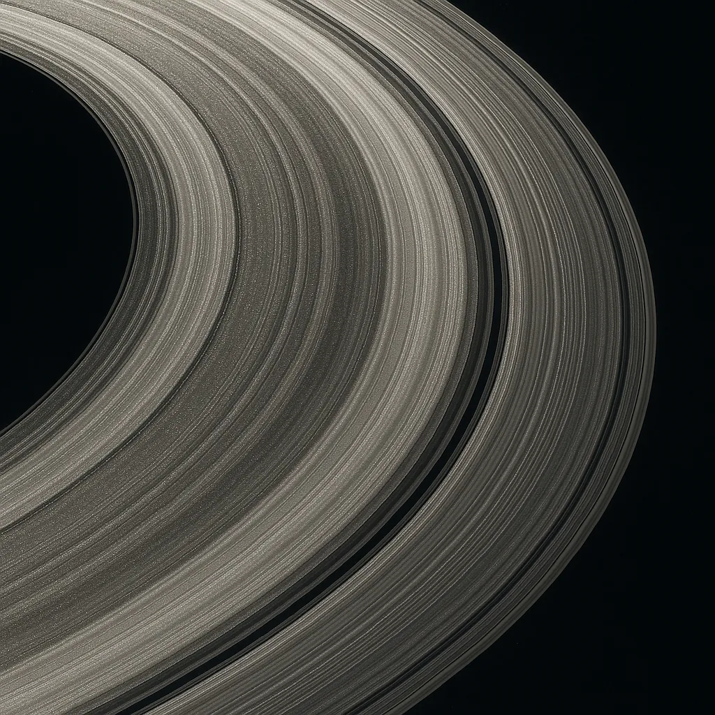 Discover a puzzle with sweeping silvery-gray rings arcing across a deep black background, rendered in fine, textured bands that catch the eye.