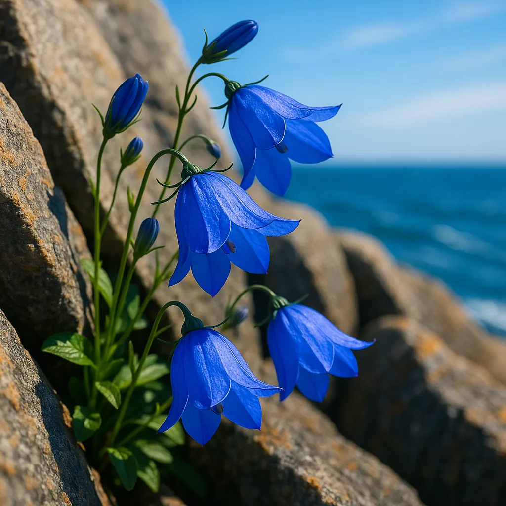 Discover a puzzle with vivid blue bellflowers clinging to sun-warmed coastal rocks, set against a bright sky and the deep turquoise of the sea.