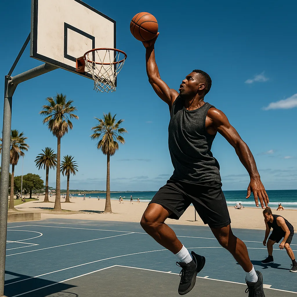 Enjoy an online jigsaw puzzle designed for browser play, featuring an action-packed beachside basketball scene that blends sports and seaside vibes.