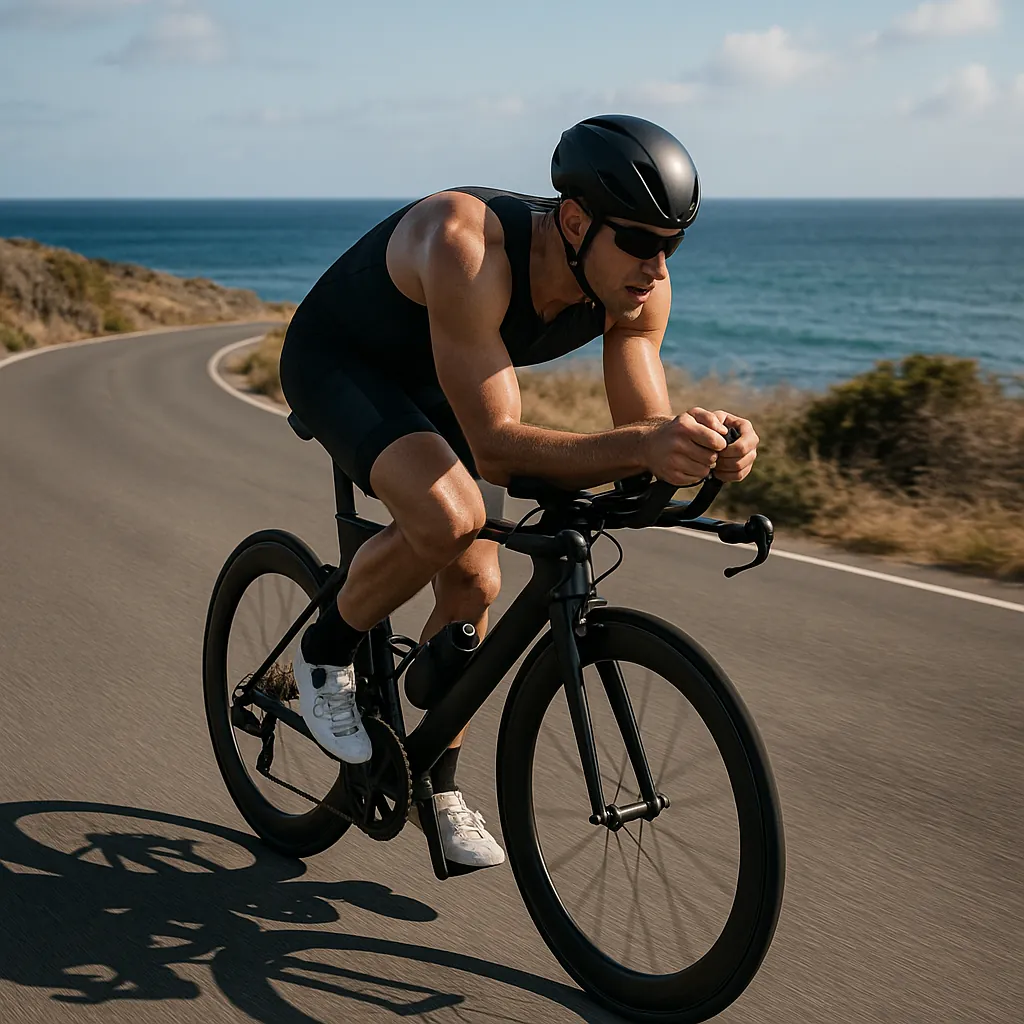 Play an online jigsaw puzzle in your browser that shows an athletic cyclist riding along a coastal road, a lively sports-and-nature scene perfect for outdoor en