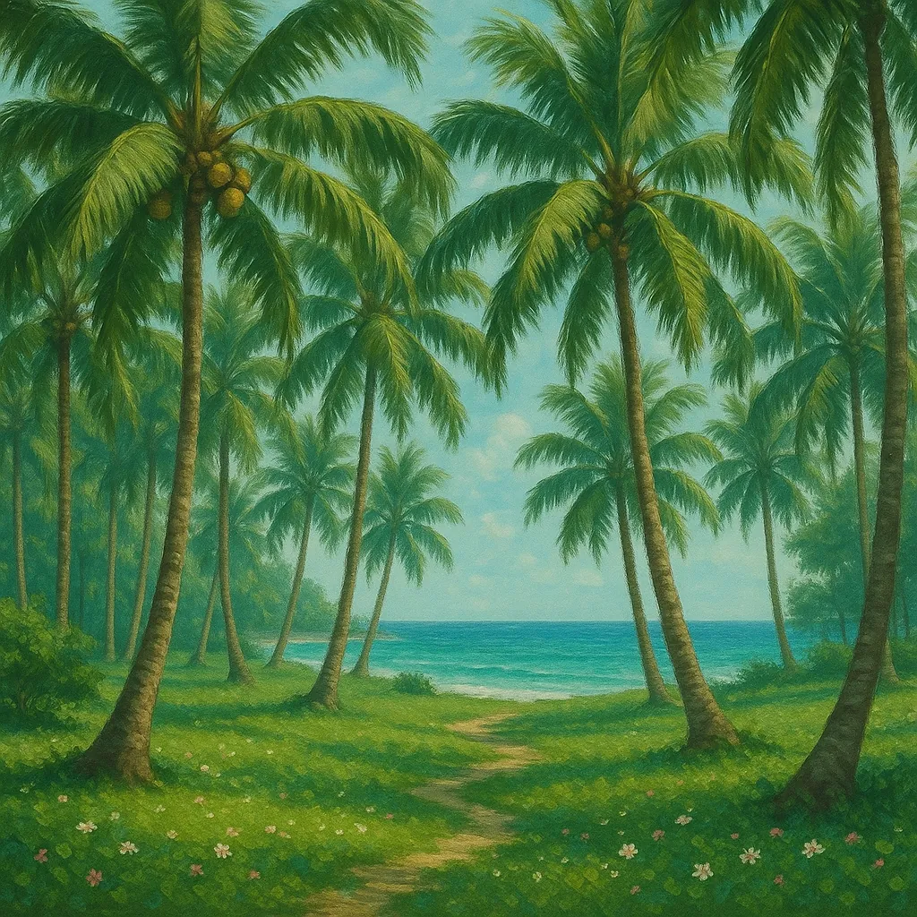 Discover a puzzle with a tranquil tropical beach scene framed by tall, swaying palm trees and a sandy path leading to a calm turquoise ocean.