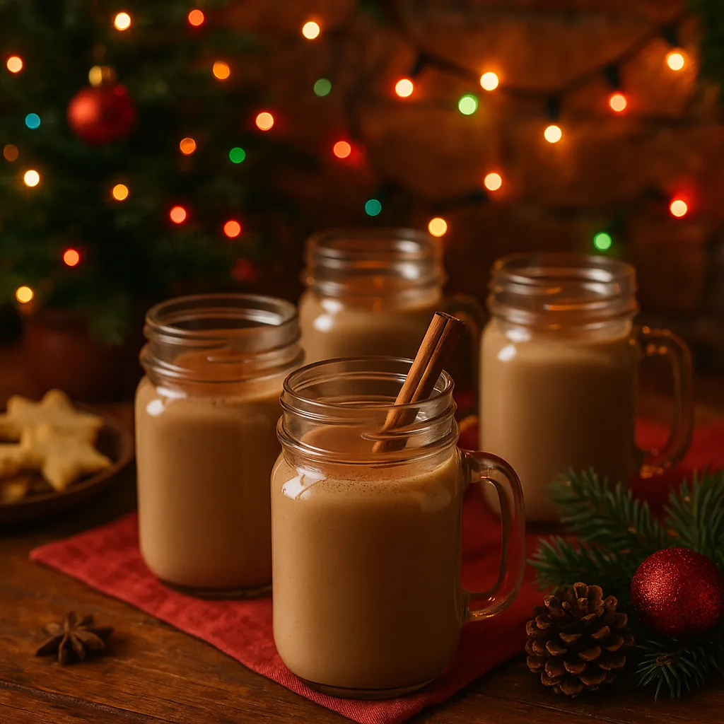 Discover a puzzle with a cozy holiday scene featuring four glass mason jars filled with creamy eggnog or spiced lattes, a cinnamon stick peeking from the neares