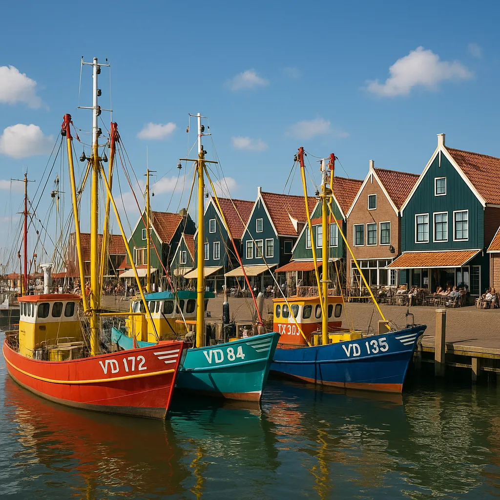 Discover a puzzle with a sunlit harbor scene where three colorful fishing boats — bright red, teal, and deep blue — bob gently in clear water against a row of c