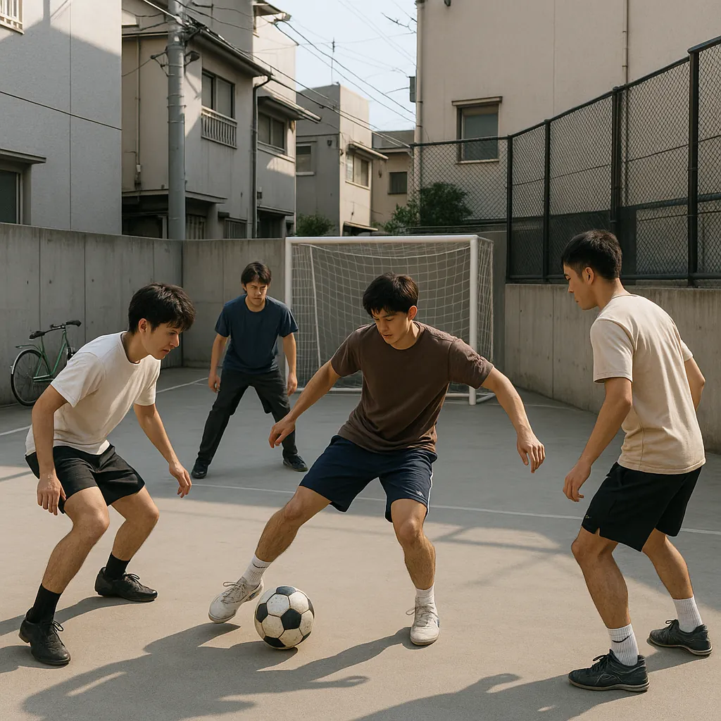 This online jigsaw puzzle features a small urban soccer game set in a concrete courtyard, perfect for anyone who enjoys sports and city scenes.