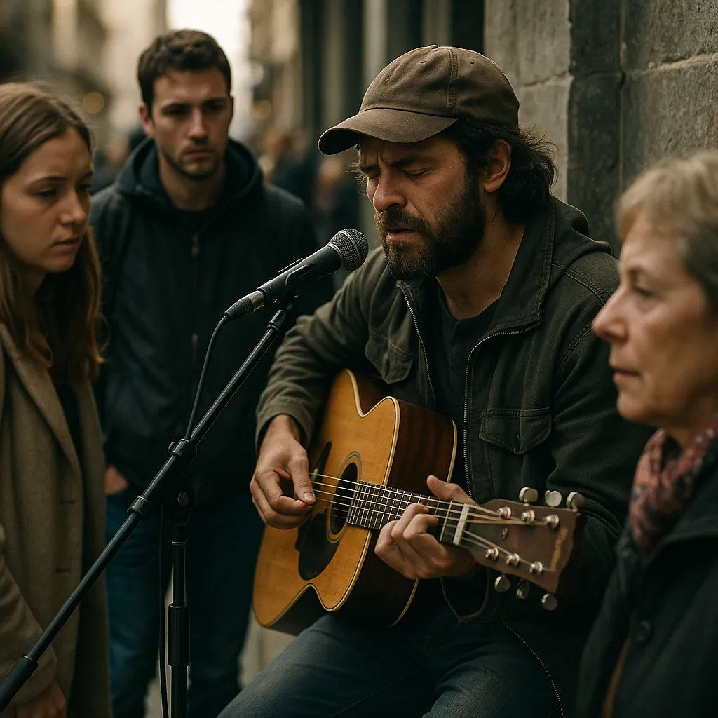 Enjoy an online jigsaw puzzle designed for browser play, featuring a street musician in an urban setting.