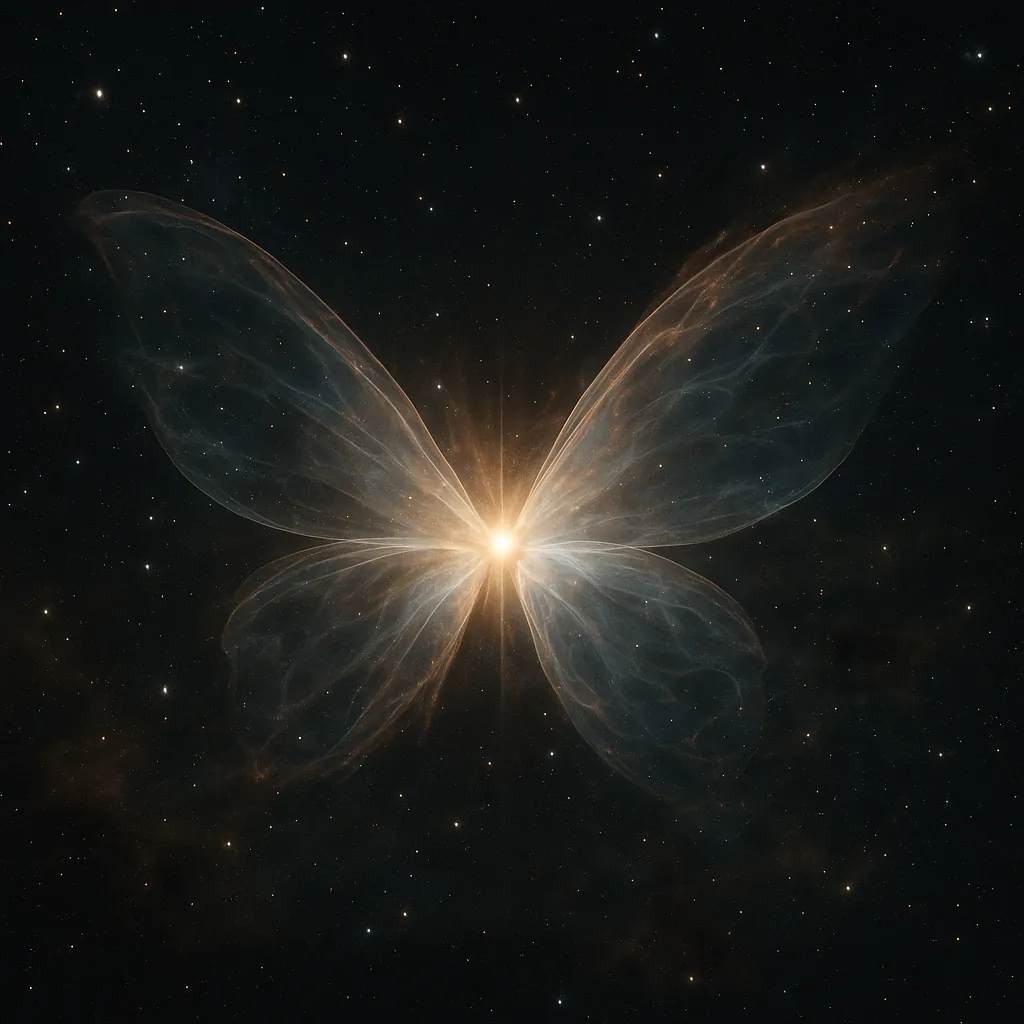 Discover a puzzle with a luminous, butterfly-shaped nebula floating against a deep star-speckled sky — a warm golden core unfurls into delicate, translucent blu