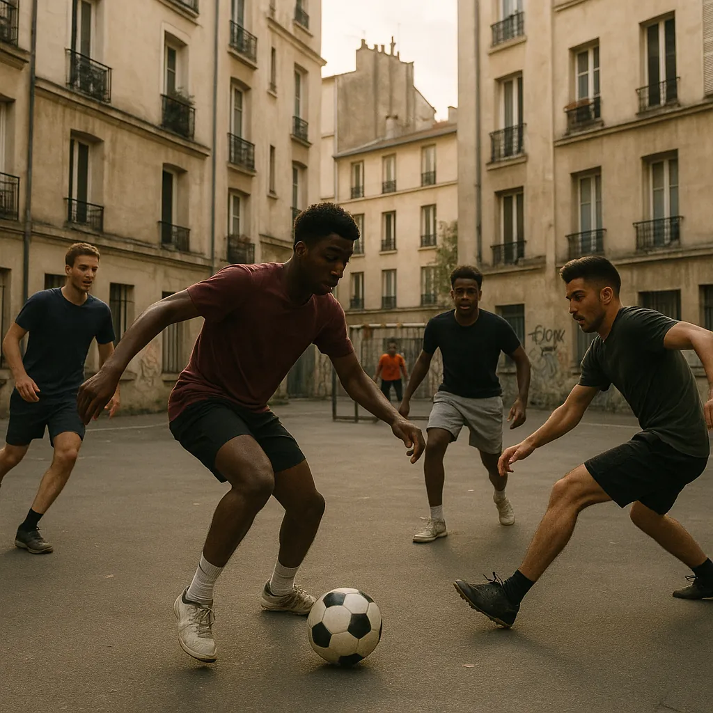 Enjoy an online jigsaw puzzle designed for browser play, featuring a lively street soccer scene set in an urban courtyard.