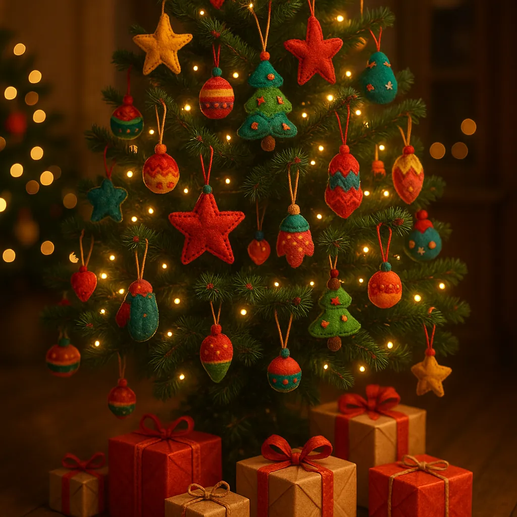 Enjoy an online jigsaw puzzle designed for browser play, featuring a cozy Christmas tree adorned with colorful handmade ornaments.