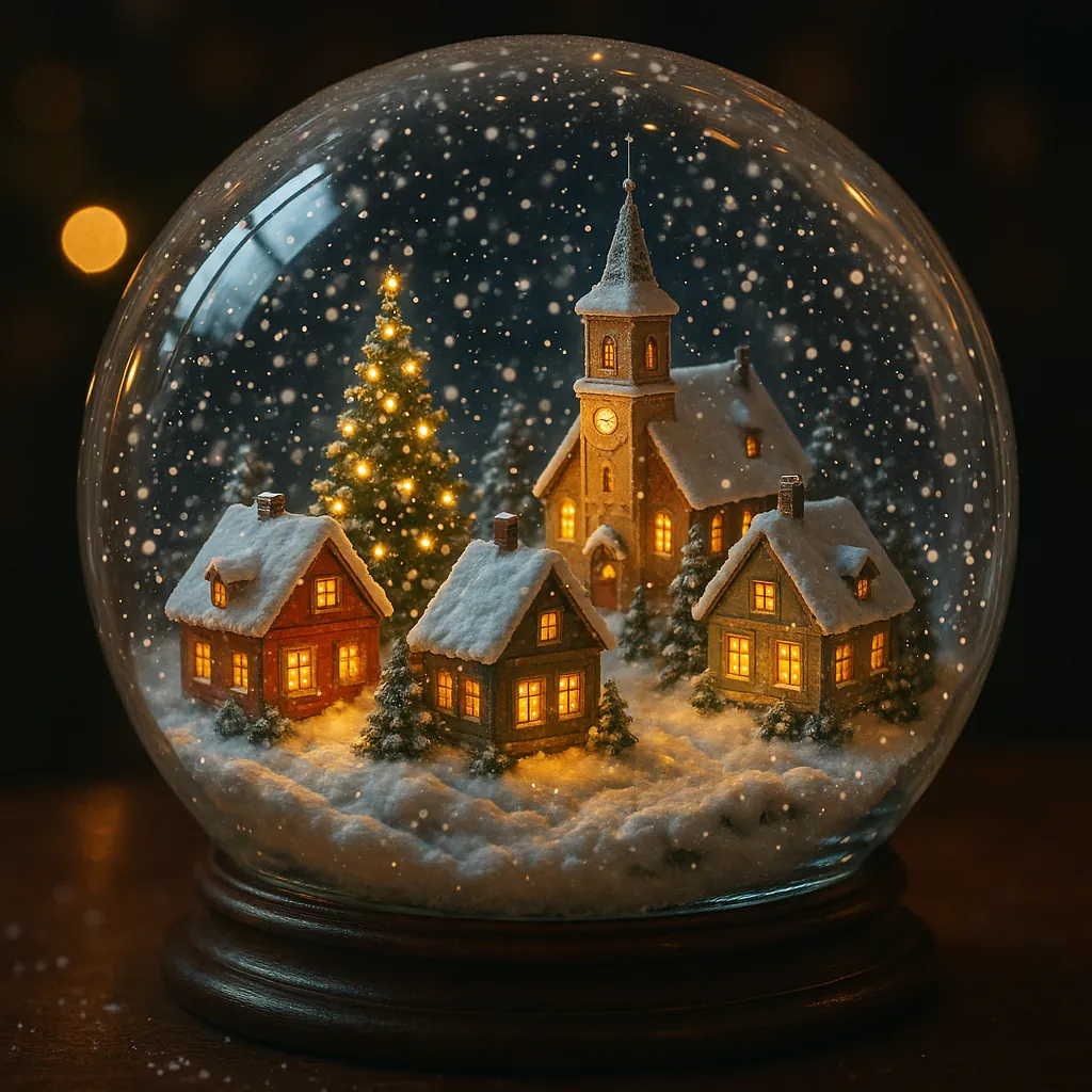 Enjoy an online jigsaw puzzle designed for browser play, featuring a miniature winter village captured inside a glowing snow globe.