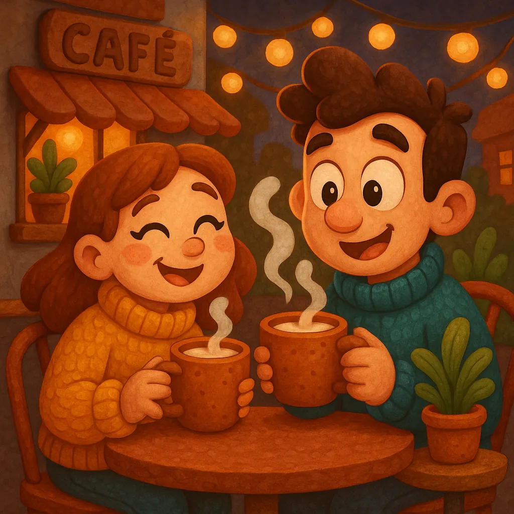 Discover a puzzle with a cozy evening café scene showing two cheerful characters in chunky sweaters sharing steaming mugs under glowing string lights.