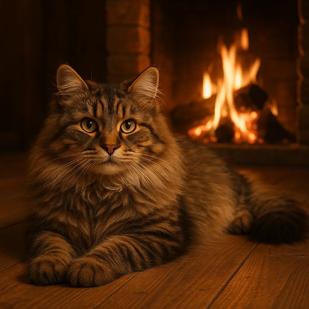 Discover a puzzle with a fluffy tabby cat lounging on a wooden floor in front of a crackling fireplace, bathed in warm amber and chestnut tones.