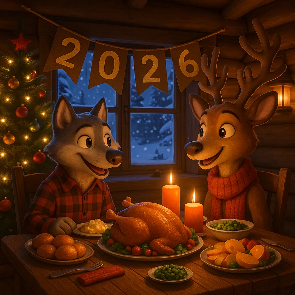 Discover a puzzle featuring two cheerful forest friends — an animated wolf in a red plaid shirt and a smiling reindeer in a cozy scarf — sharing a festive holid