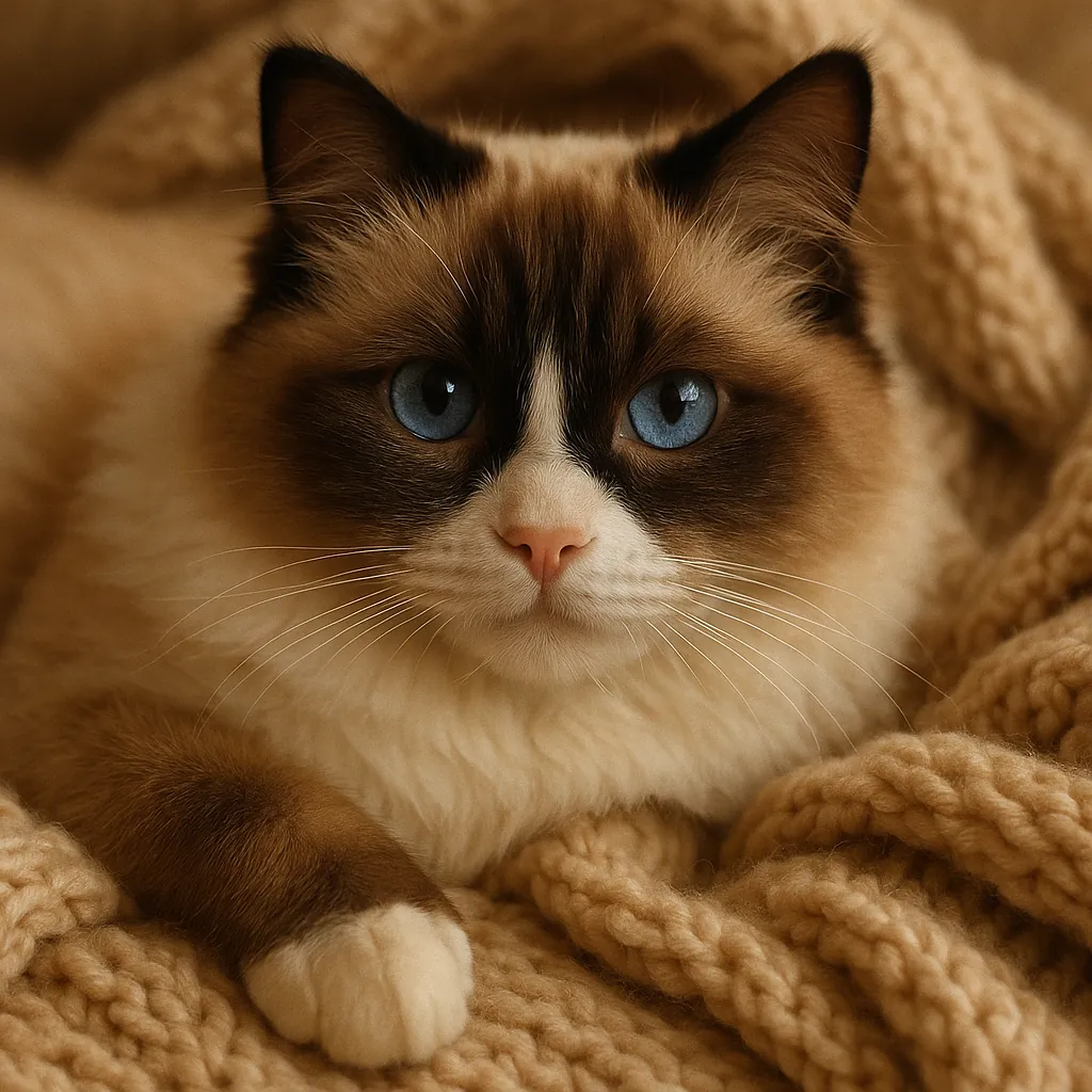 Discover a puzzle with a serene Ragdoll cat nestled in a chunky, camel-colored knit blanket — soft cream and warm brown fur contrasts beautifully with striking