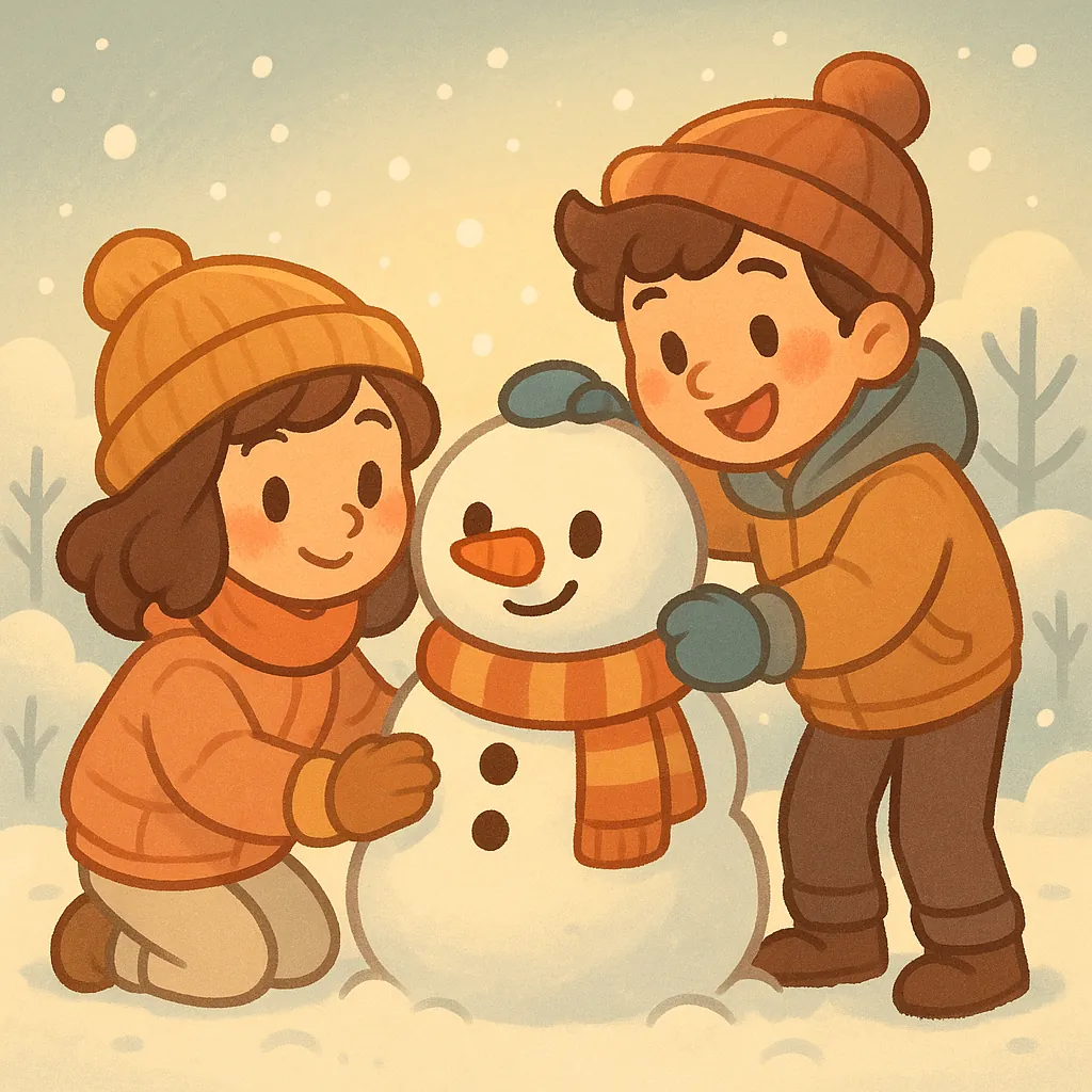 Enjoy assembling a puzzle depicting two children building a cheerful snowman in a gentle winter scene.