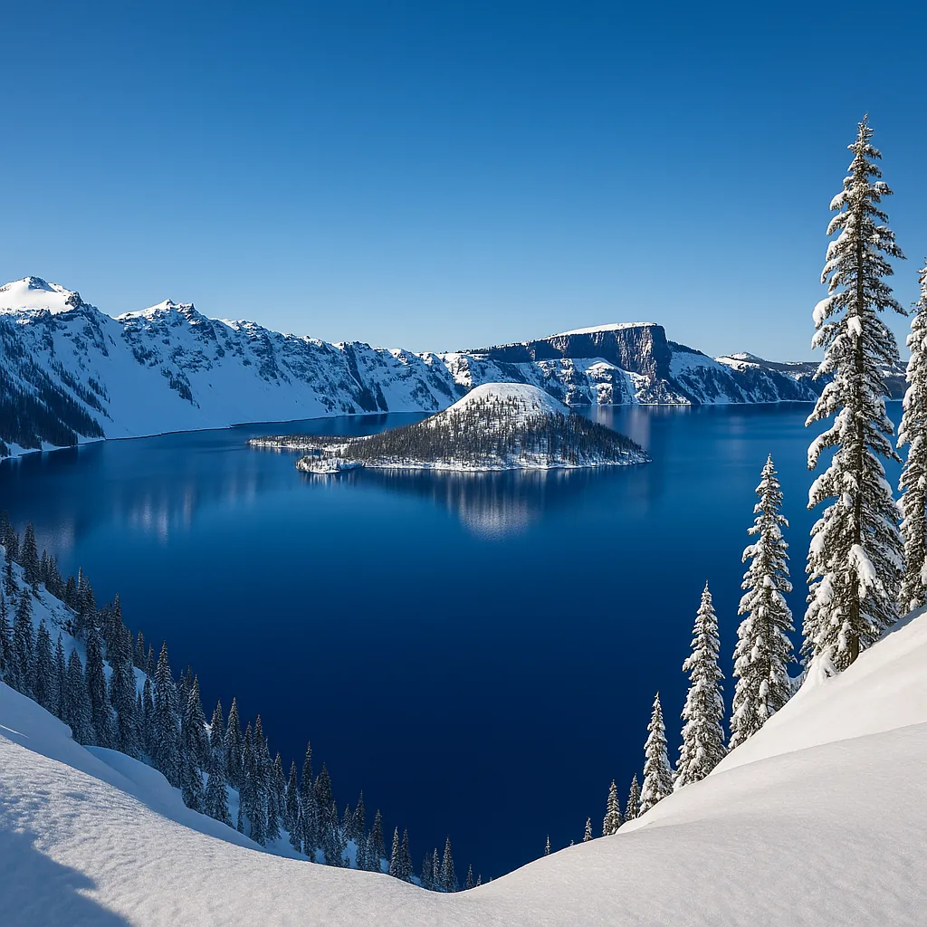 This online jigsaw puzzle features a serene winter landscape of a deep blue mountain lake surrounded by snow-capped peaks and frosted evergreens.