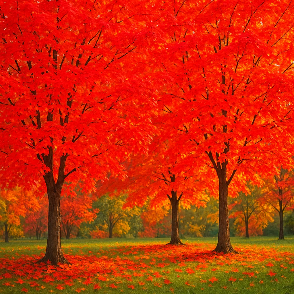 Enjoy assembling a puzzle depicting a row of vivid red and orange maple trees in full autumn glow, their fiery canopies spilling bright leaves across a soft gre