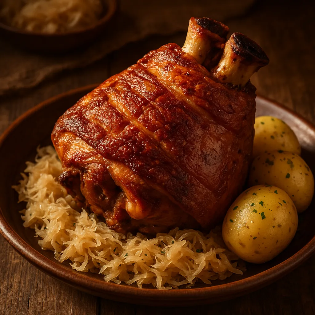 Enjoy assembling a puzzle depicting a succulent roast pork knuckle served on a bed of tangy sauerkraut with herb-speckled boiled potatoes.