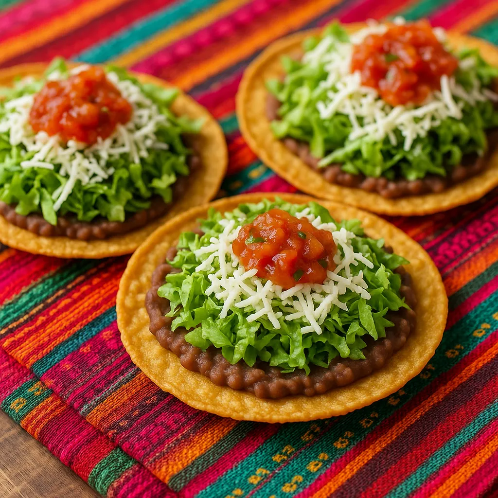 Discover a puzzle featuring three crisp tostadas topped with creamy refried beans, shredded lettuce, grated cheese, and bright red salsa, set against a vivid, m