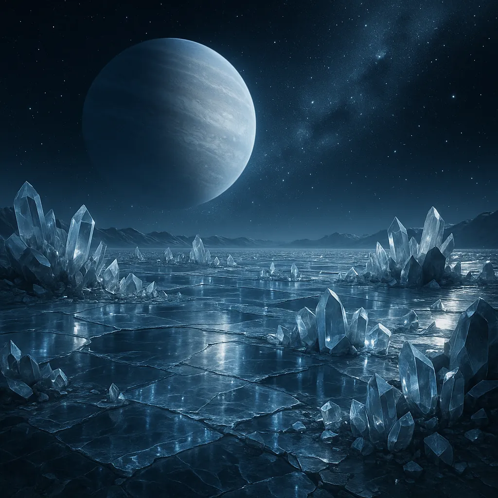 Discover a puzzle with a moonlit, otherworldly icy landscape dotted with gleaming crystal formations beneath a star-filled sky and a huge, softly glowing planet