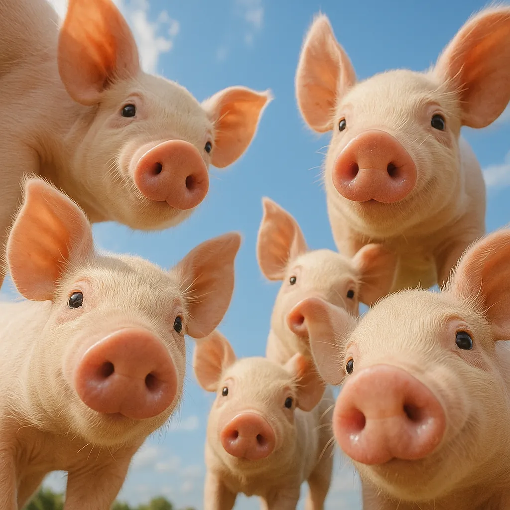 Enjoy an online jigsaw puzzle designed for browser play, featuring a charming group of farm animals — curious piglets gathered close to the camera.