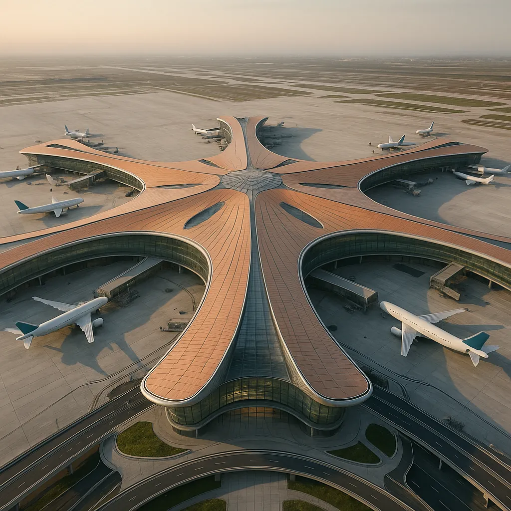 Discover a puzzle with a striking starfish-shaped airport terminal bathed in warm, golden-hour light on PuzzleFree.Game.