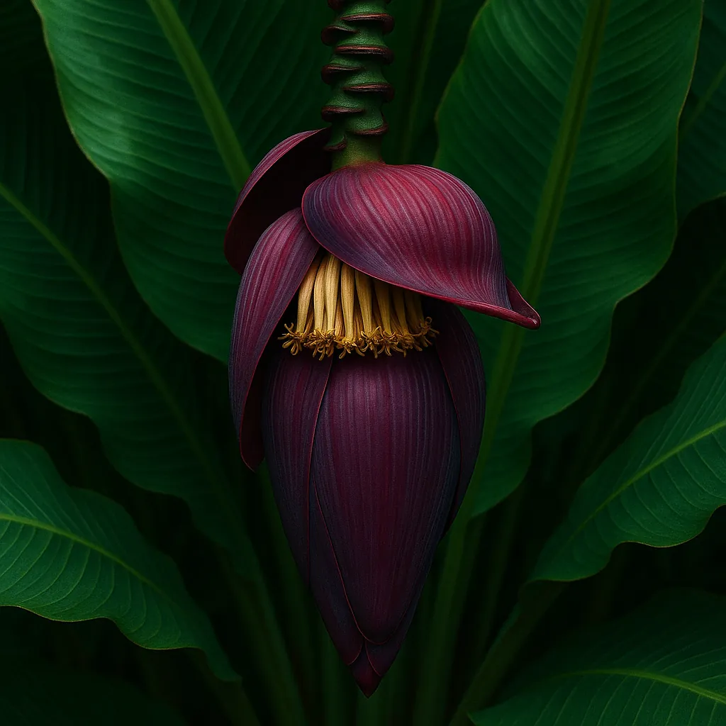 Discover a puzzle with a close-up of a tropical banana blossom nestled among deep green leaves.