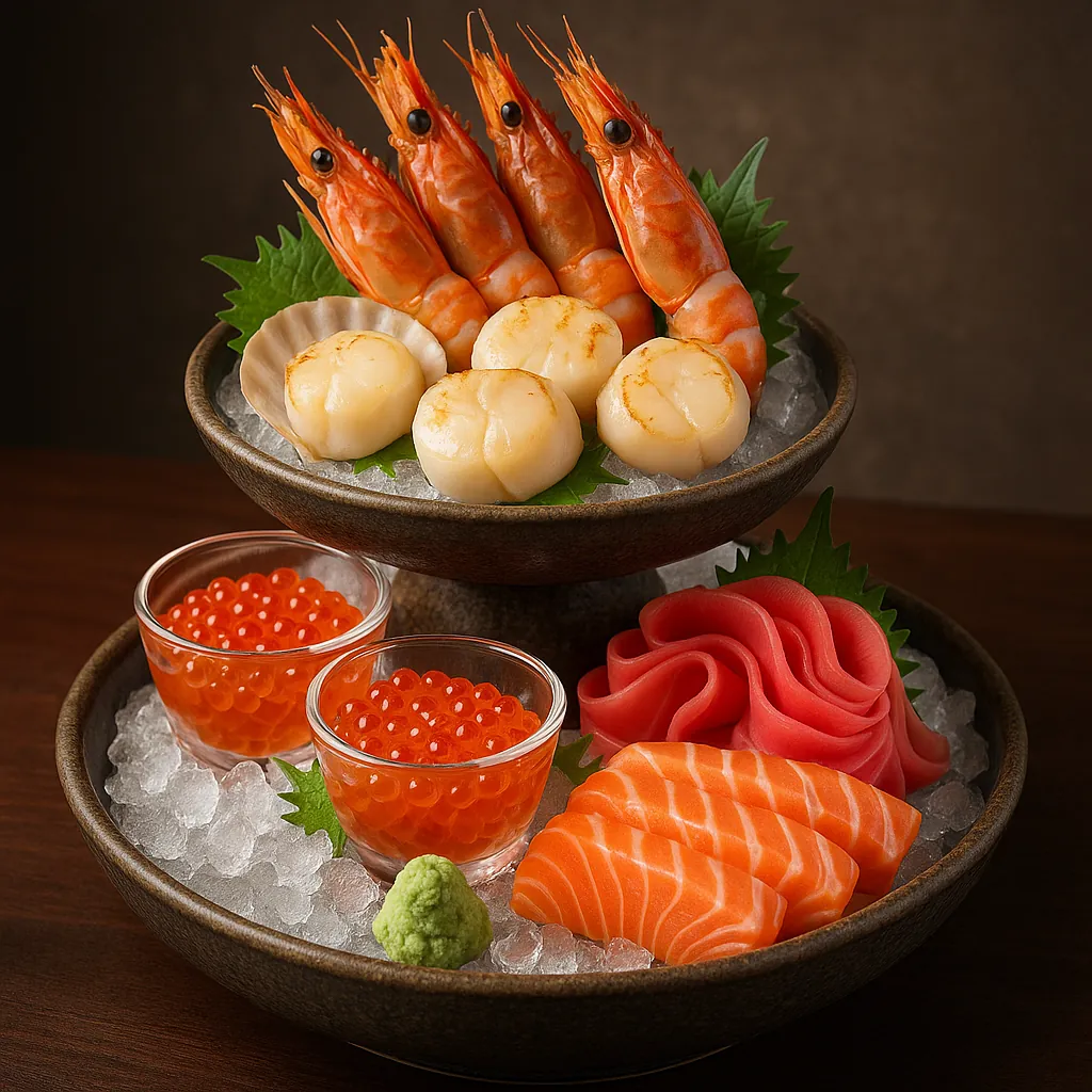 Discover a puzzle with a beautifully arranged seafood platter featuring vibrant orange shrimp and salmon sashimi, glossy ikura pearls in glass cups, tender sear