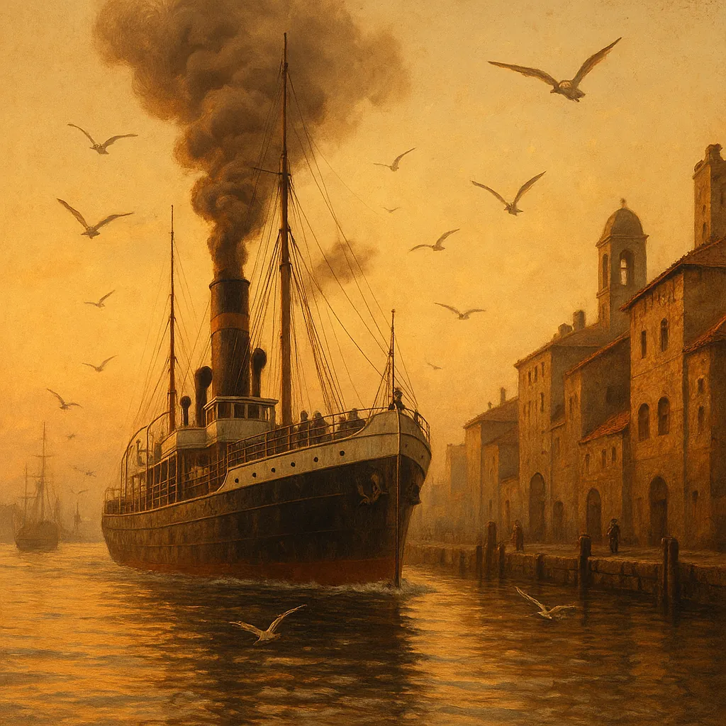 Discover a puzzle with a vintage steamship gliding into a quiet harbor at golden hour, smoke billowing from its funnel as seagulls circle overhead.