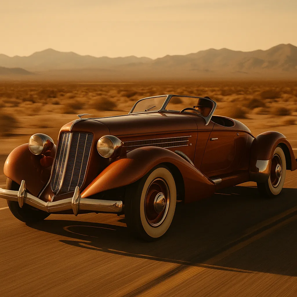 Discover a puzzle with a gleaming vintage convertible cruising down an open desert road at golden hour.