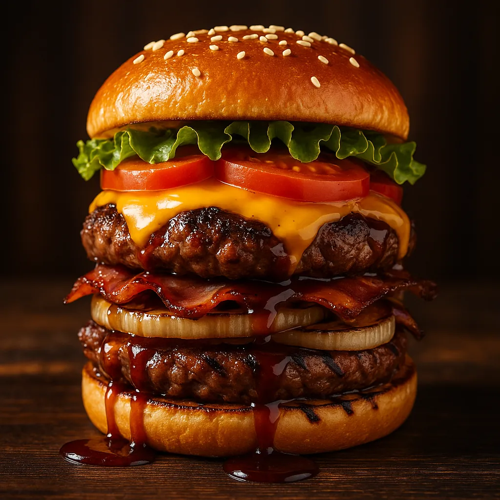 Enjoy assembling a puzzle depicting a towering cheeseburger stacked with two char-grilled patties, melted cheddar, crisp bacon, onion rings, juicy tomato slices