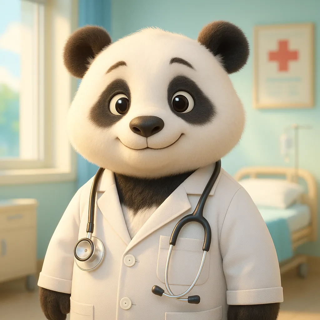 Discover a puzzle with an adorable cartoon panda dressed as a friendly doctor, standing in a softly lit pastel hospital room.