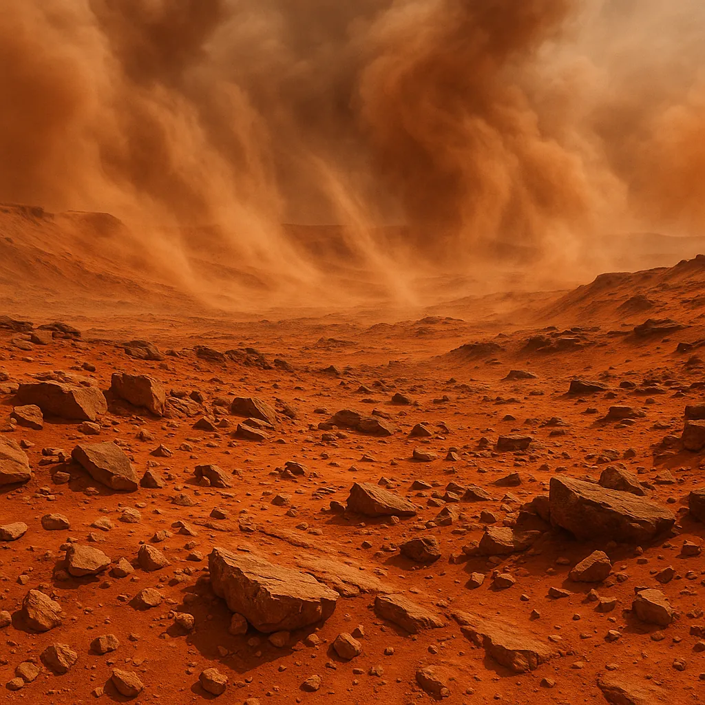 Discover a puzzle with a windswept, red-orange rocky landscape where dust and sand swirl into dramatic plumes across a barren horizon.