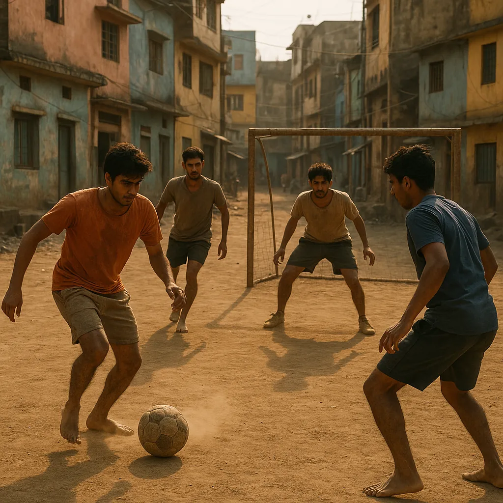 Play an online jigsaw puzzle in your browser that shows a lively street soccer scene, perfect for fans of sports and urban life.