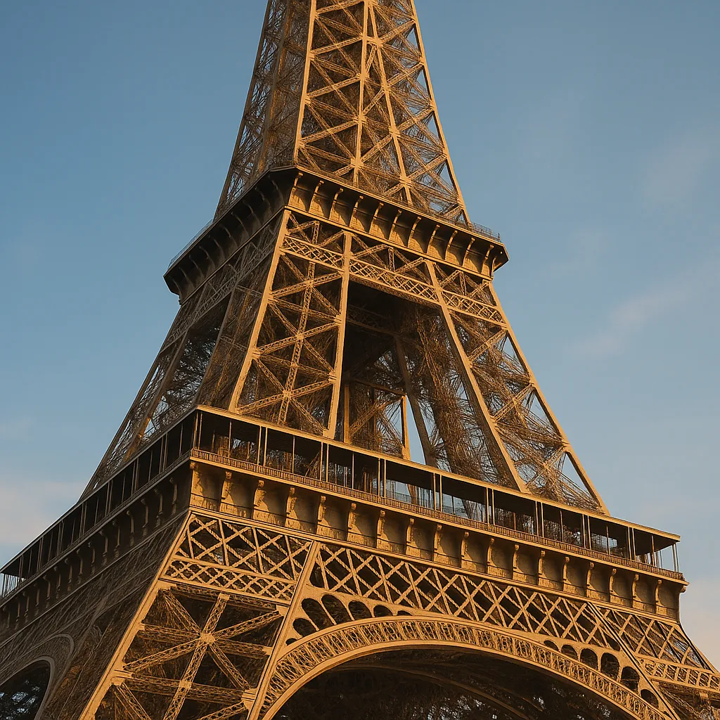 Discover a puzzle with a close-up view of the Eiffel Tower bathed in warm golden light against a soft blue sky — the detailed iron lattice and elegant arches cr