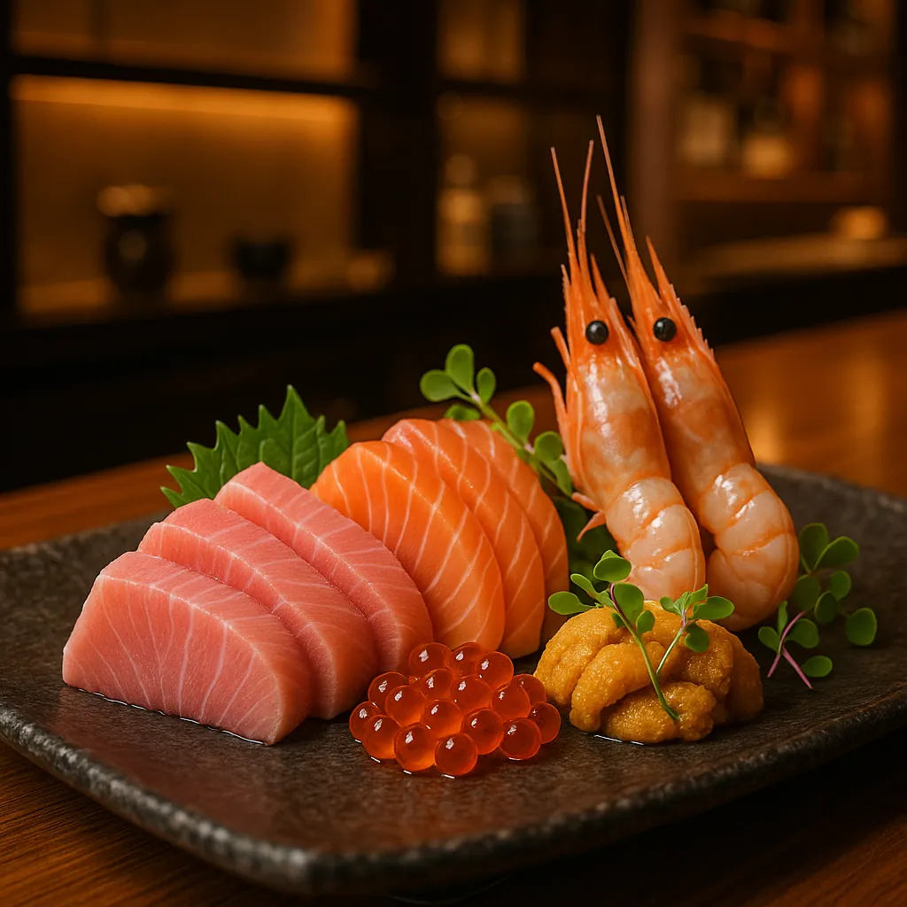 Discover a puzzle with a beautifully plated sashimi assortment featuring glossy salmon and tuna slices, plump orange ikura, creamy uni, and two delicate prawns
