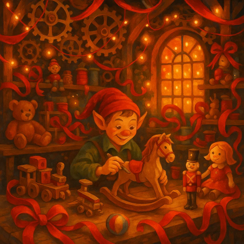 Enjoy an online jigsaw puzzle designed for browser play, featuring a cozy toy workshop scene with a cheerful elf and holiday toys.