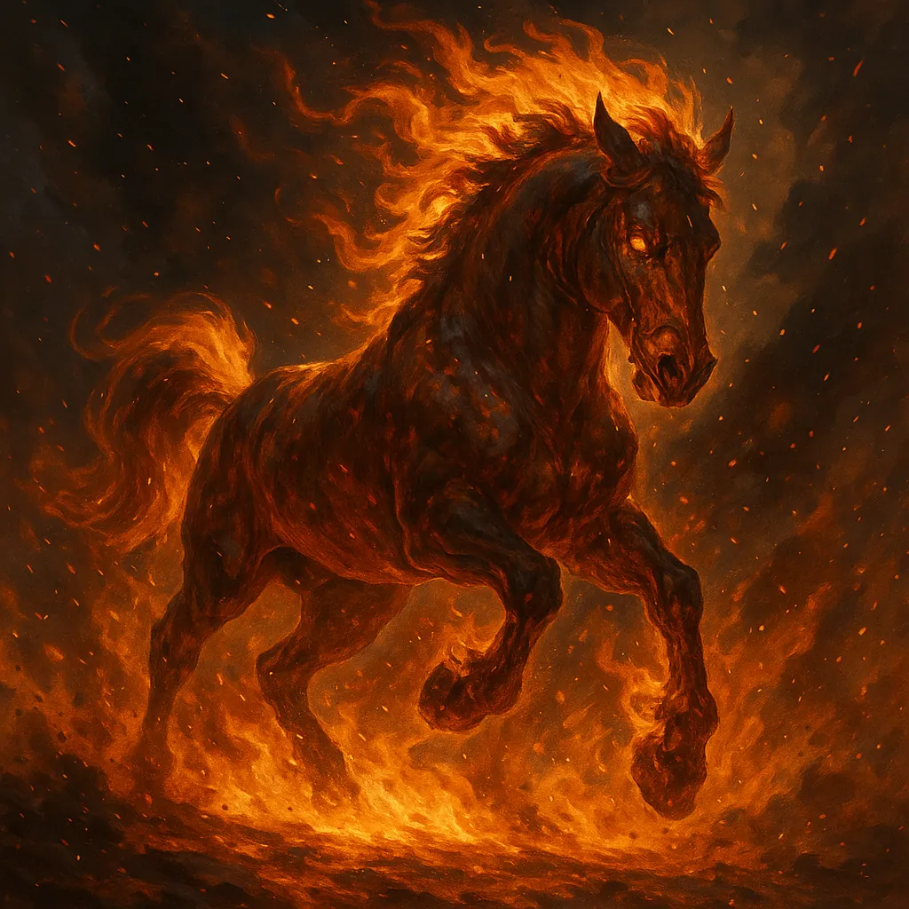 Enjoy an online jigsaw puzzle designed for browser play, featuring a dramatic fantasy animal scene of a horse wreathed in flames.