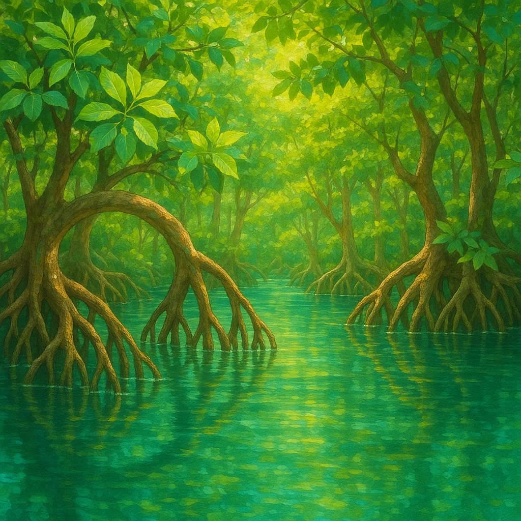Enjoy assembling a puzzle depicting a sunlit mangrove forest with graceful, arching roots rising from emerald-green water.