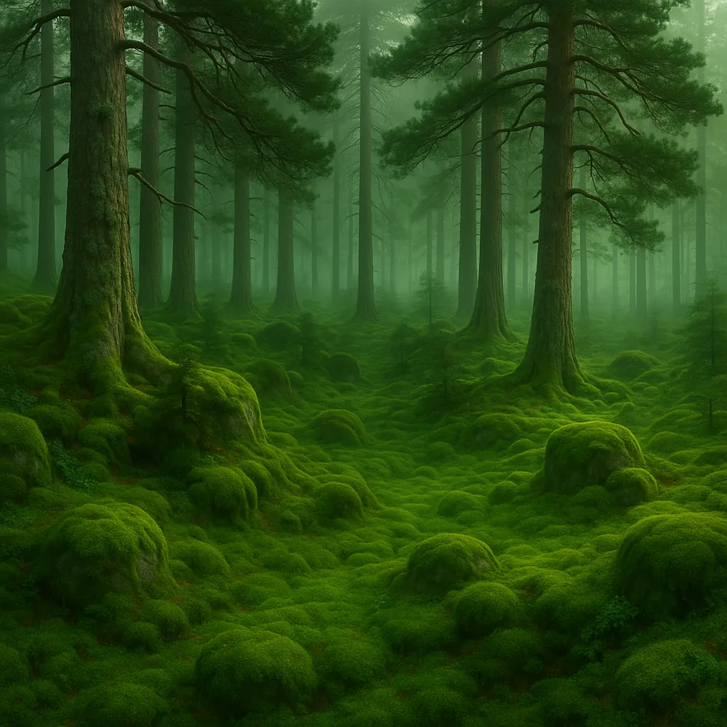 Discover a puzzle with a tranquil, mossy forest scene filled with deep emerald greens, soft rolling mounds of velvety moss, and tall pine trunks fading into a g