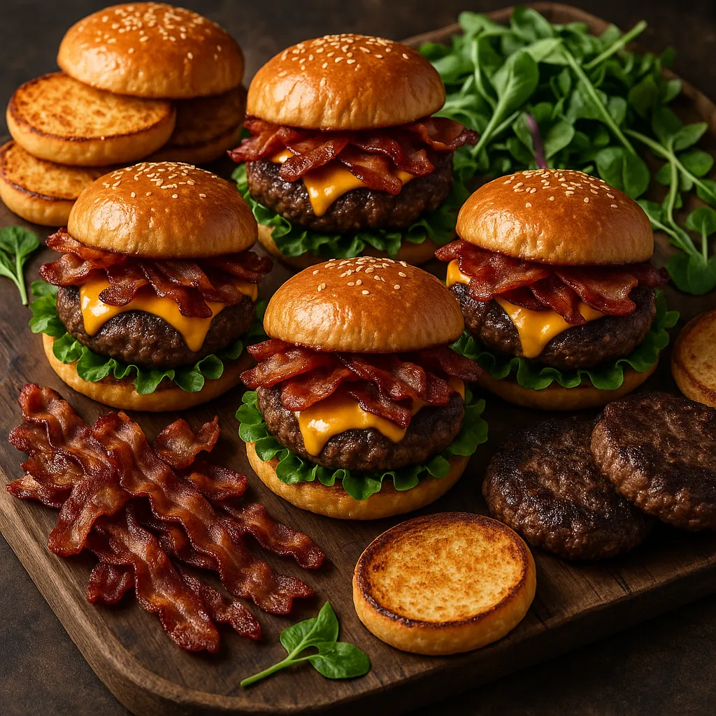 Discover a puzzle with five mouthwatering bacon cheeseburgers arranged on a rustic wooden board, each with glossy sesame-topped buns, melted cheddar, crisp baco