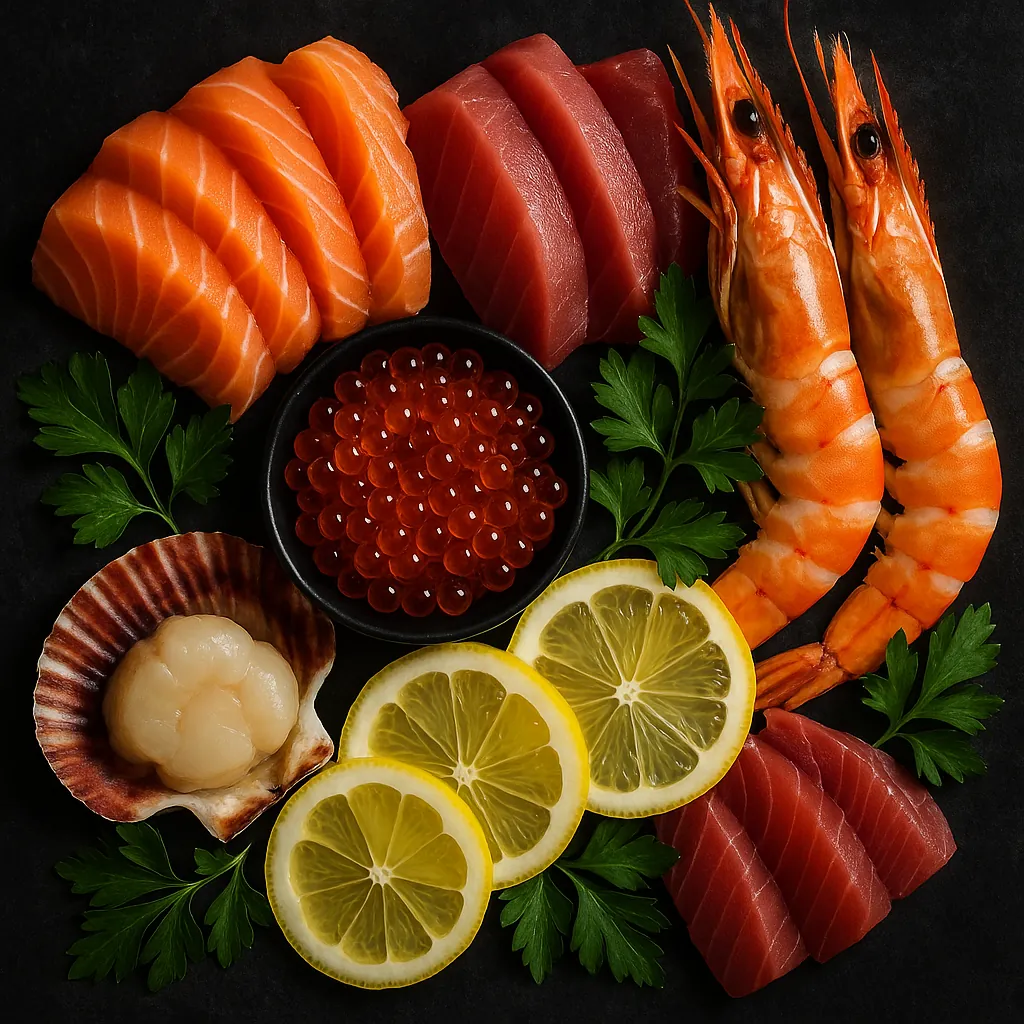 Enjoy assembling a puzzle depicting a gourmet sashimi platter arranged on a dark background, featuring glossy salmon and tuna slices, bright orange prawns, a sc
