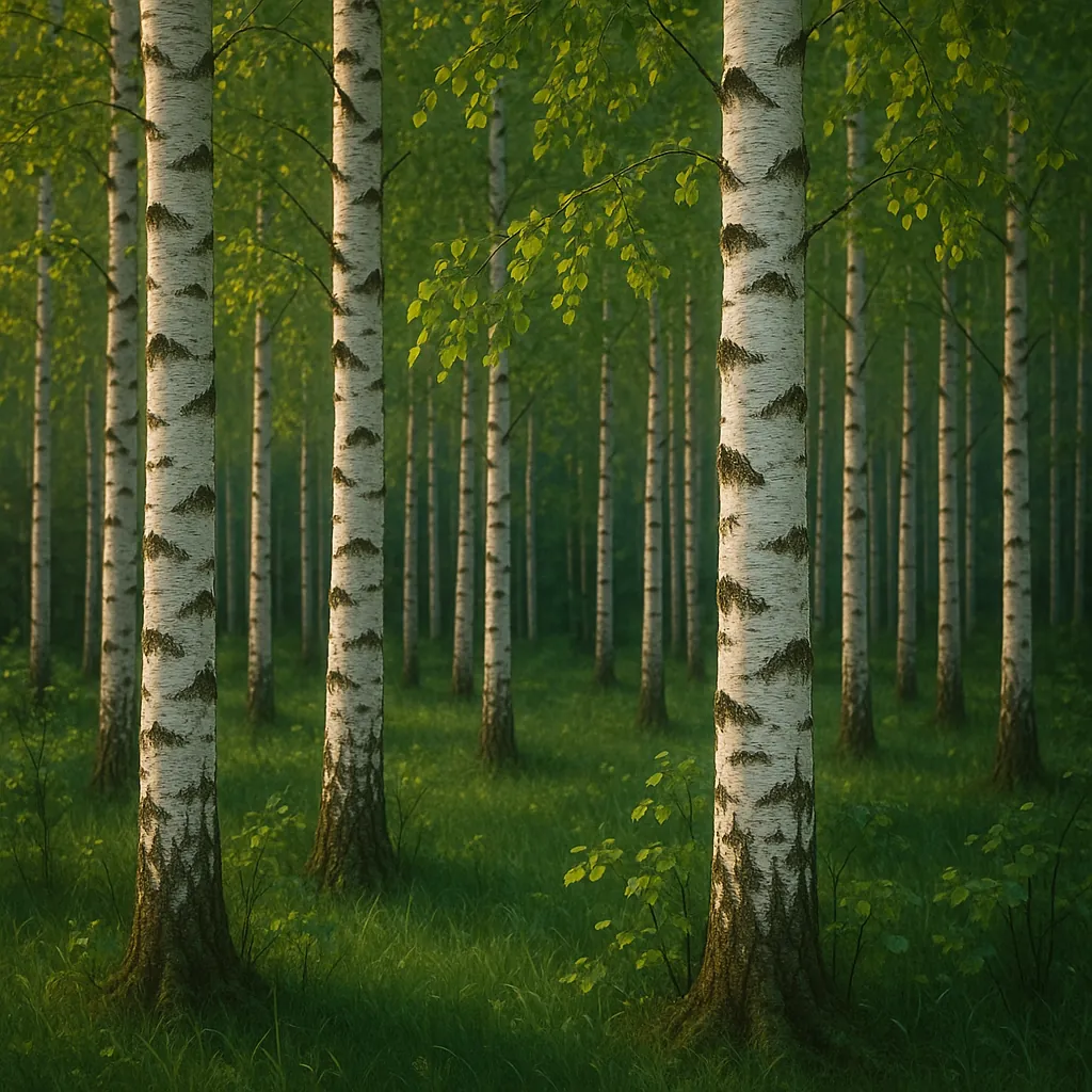 Discover a puzzle with a serene birch forest scene, where rows of tall white trunks contrast with a carpet of deep green grass and fresh, sunlit leaves.