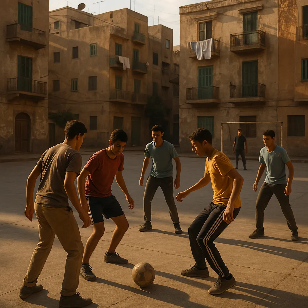 Enjoy an online jigsaw puzzle designed for browser play, featuring a lively street-soccer scene set against weathered city buildings.