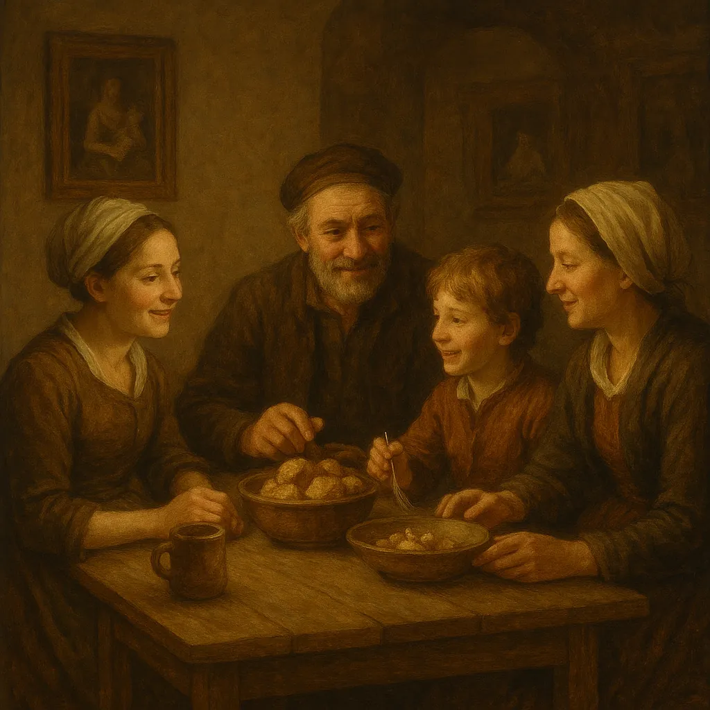 Discover a puzzle with a warm, vintage family meal scene: four smiling figures gathered around a wooden table, bowls of food and a mug lit by soft, golden-brown