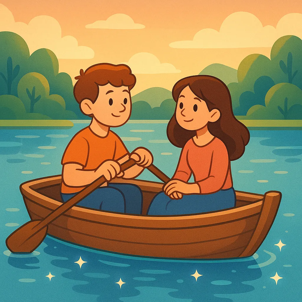 Enjoy assembling a puzzle depicting a cozy rowboat scene at sunset with a smiling couple on a calm lake.
