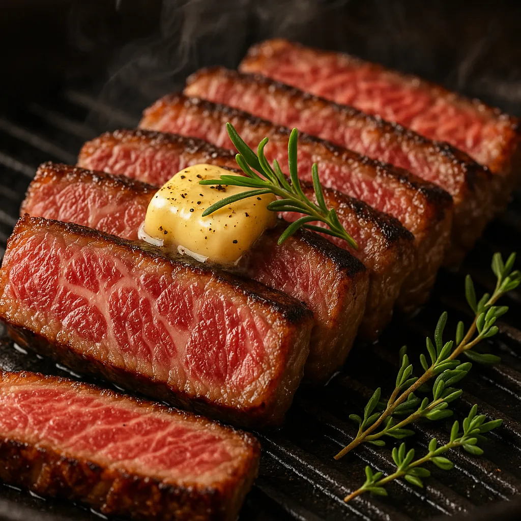 Discover a puzzle with a close-up of perfectly seared, juicy steak slices topped with a melting pat of butter and a sprig of rosemary on a hot grill.