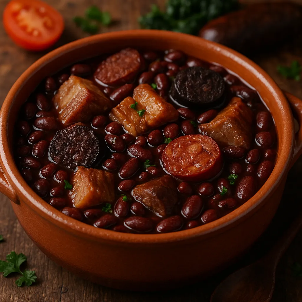 This online jigsaw puzzle features a warm, appetizing food scene perfect for browser play, centered on a rustic bowl of hearty beans and sausages.