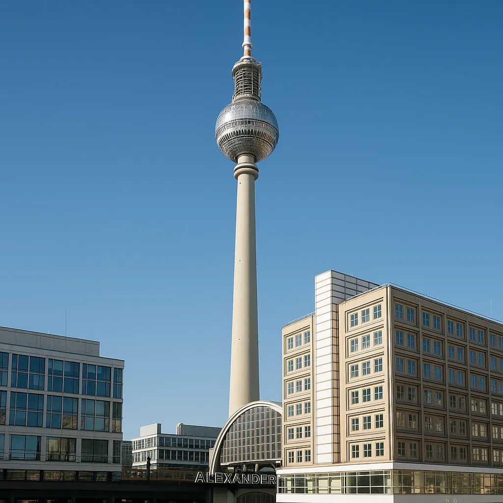 Discover a puzzle with a striking cityscape centered on a tall observation tower rising against a clear blue sky, flanked by modern office buildings with soft b